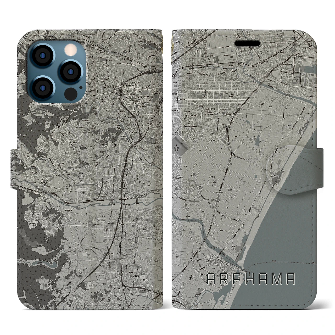 【荒浜(宮城県)】地図柄iPhoneケース(手帳タイプ)モノトーン・iPhone 12 / 12 Pro 用