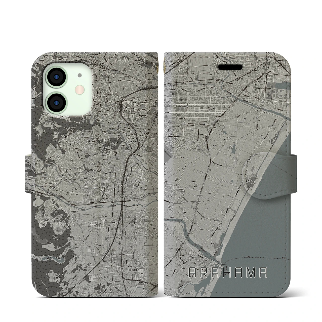 【荒浜(宮城県)】地図柄iPhoneケース(手帳タイプ)モノトーン・iPhone 12 mini 用