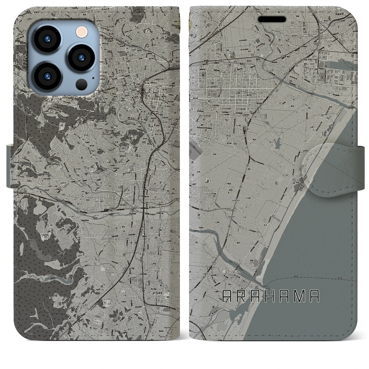 【荒浜(宮城県)】地図柄iPhoneケース(手帳タイプ)モノトーン・iPhone 13 Pro Max 用