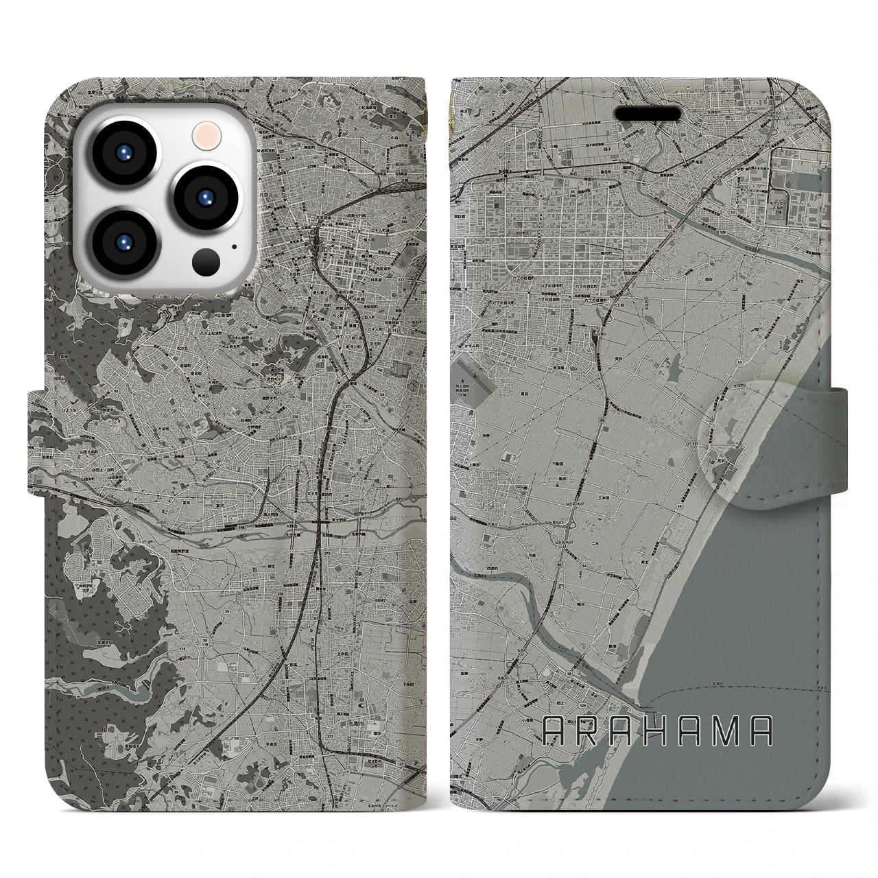 【荒浜(宮城県)】地図柄iPhoneケース(手帳タイプ)モノトーン・iPhone 13 Pro 用