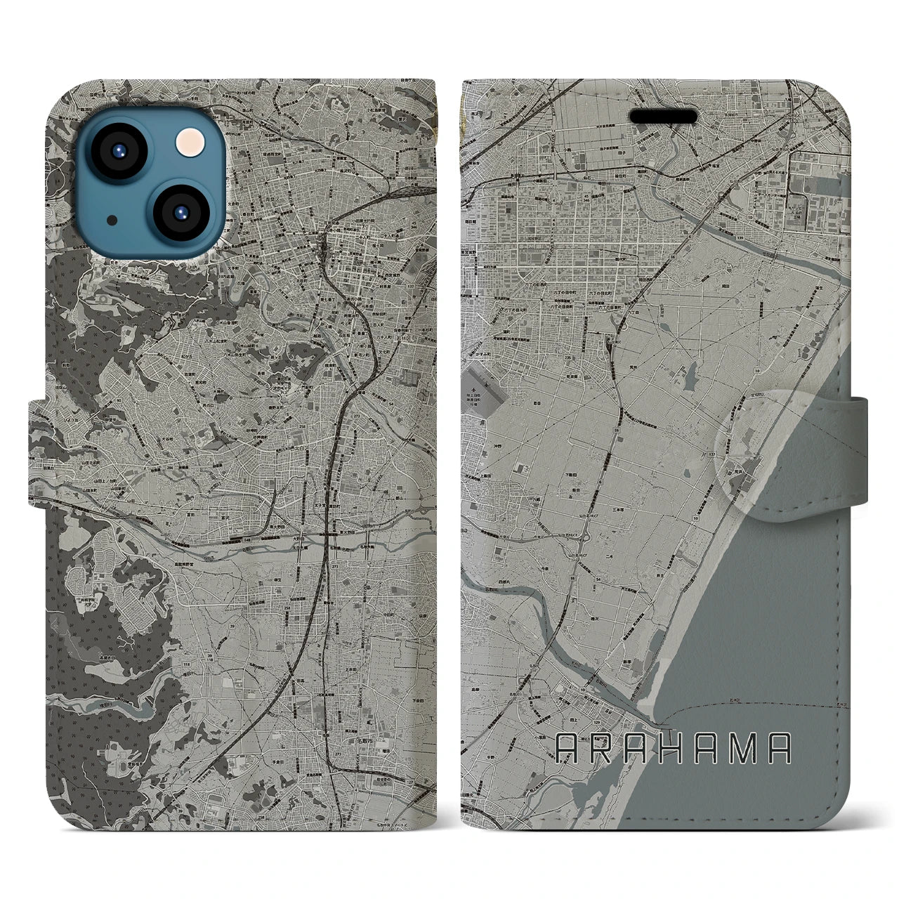 【荒浜(宮城県)】地図柄iPhoneケース(手帳タイプ)モノトーン・iPhone 13 用