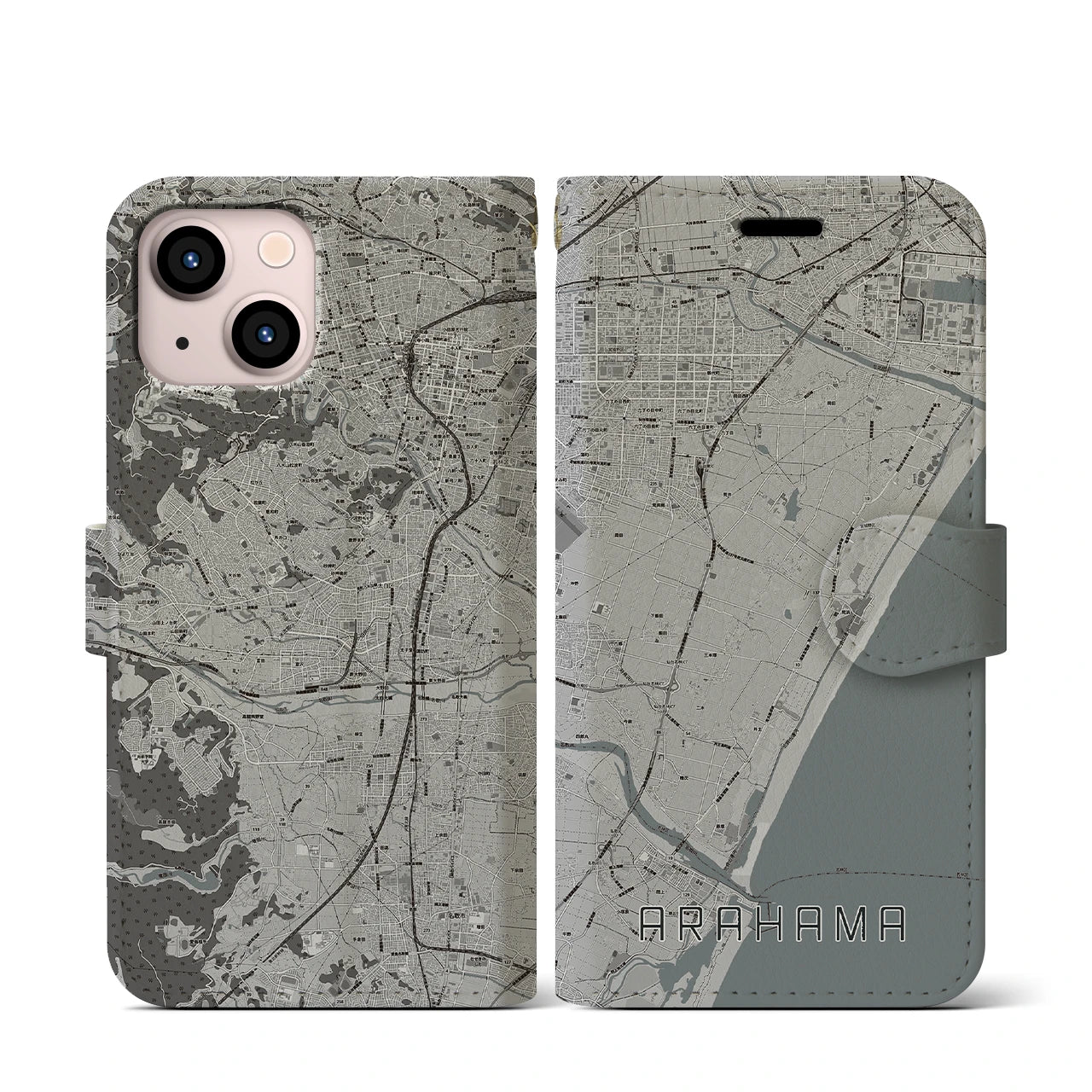 【荒浜(宮城県)】地図柄iPhoneケース(手帳タイプ)モノトーン・iPhone 13 mini 用