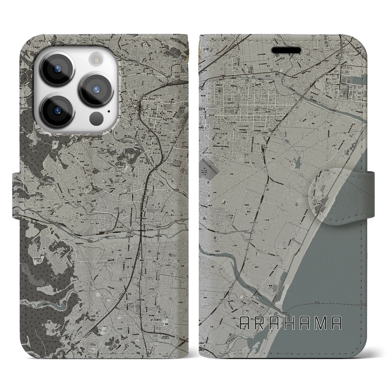 【荒浜(宮城県)】地図柄iPhoneケース(手帳タイプ)モノトーン・iPhone 14 Pro 用