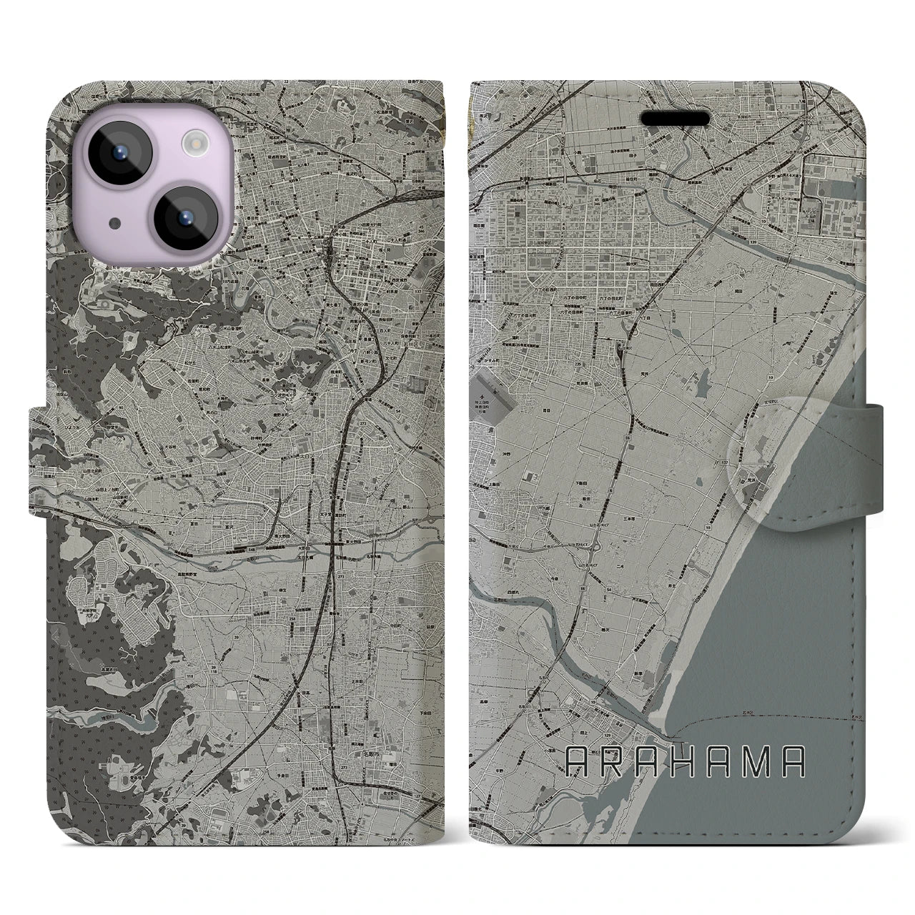 【荒浜(宮城県)】地図柄iPhoneケース(手帳タイプ)モノトーン・iPhone 14 用