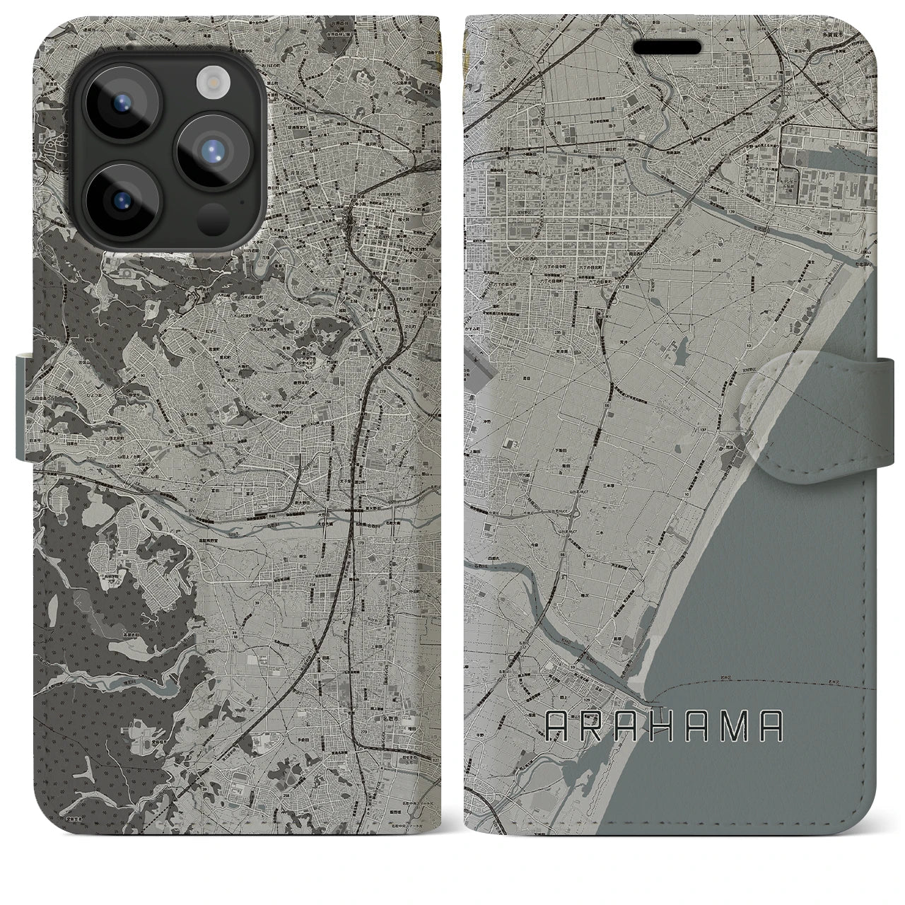 【荒浜(宮城県)】地図柄iPhoneケース(手帳タイプ)モノトーン・iPhone 15 Pro Max 用
