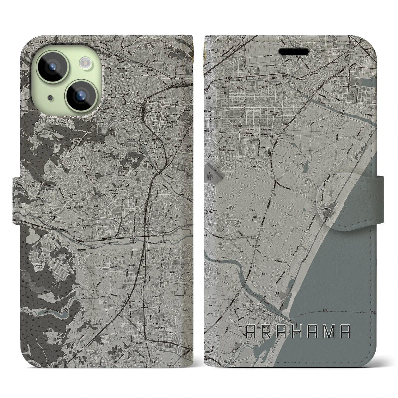 【荒浜(宮城県)】地図柄iPhoneケース(手帳タイプ)モノトーン・iPhone 15 用