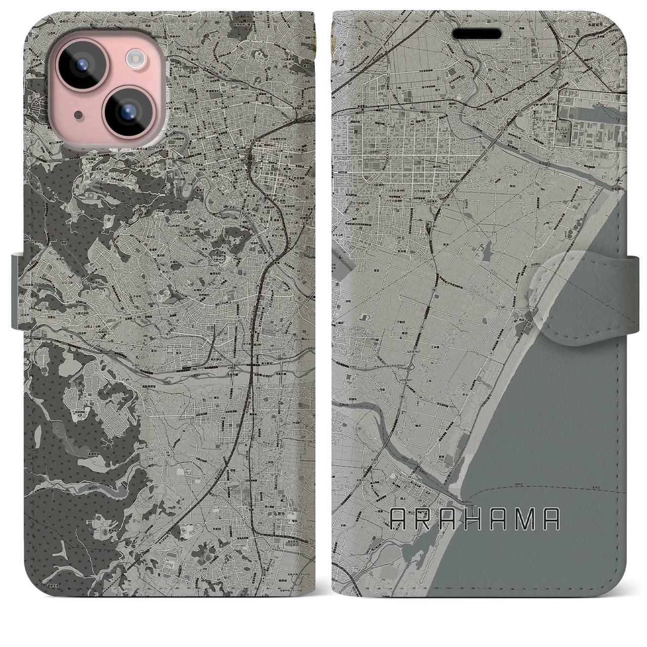 【荒浜(宮城県)】地図柄iPhoneケース(手帳タイプ)モノトーン・iPhone 15 Plus 用