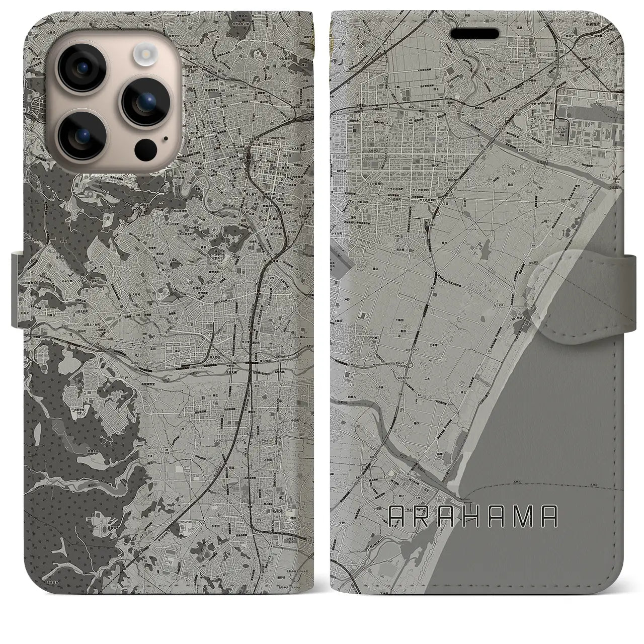 【荒浜(宮城県)】地図柄iPhoneケース(手帳タイプ)モノトーン・iPhone 16 Plus 用