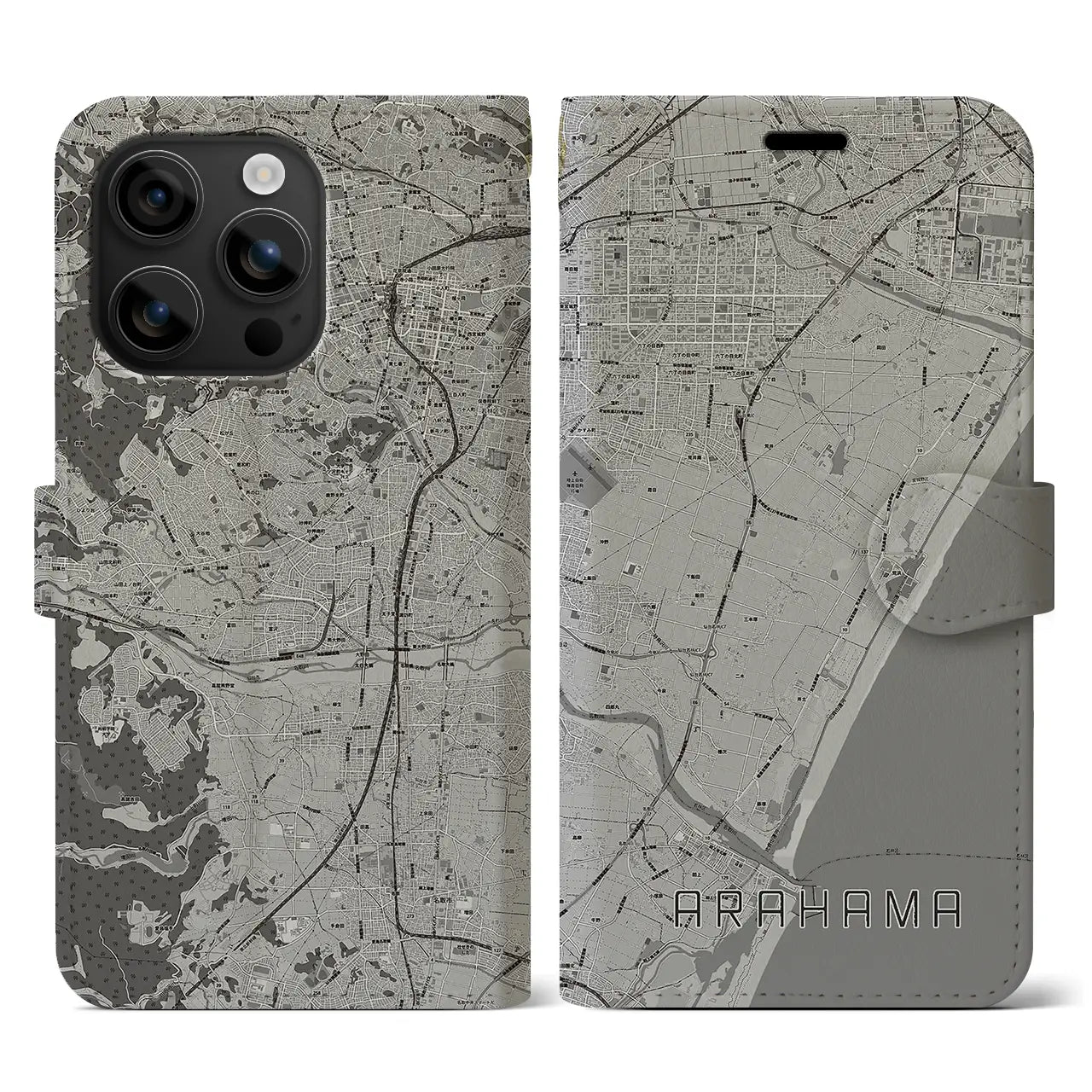 【荒浜(宮城県)】地図柄iPhoneケース(手帳タイプ)モノトーン・iPhone 16 用