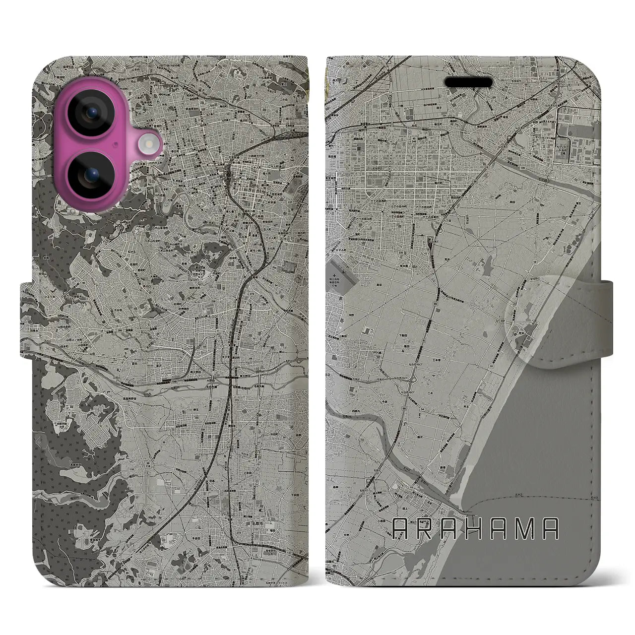 【荒浜(宮城県)】地図柄iPhoneケース(手帳タイプ)モノトーン・iPhone 16 Pro 用