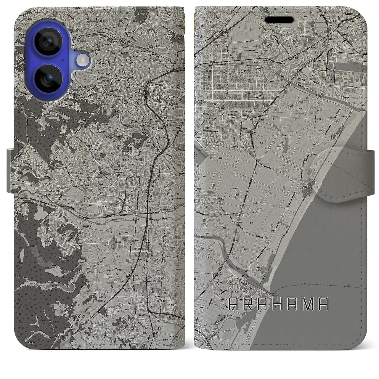 【荒浜(宮城県)】地図柄iPhoneケース(手帳タイプ)モノトーン・iPhone 16 Pro Max 用