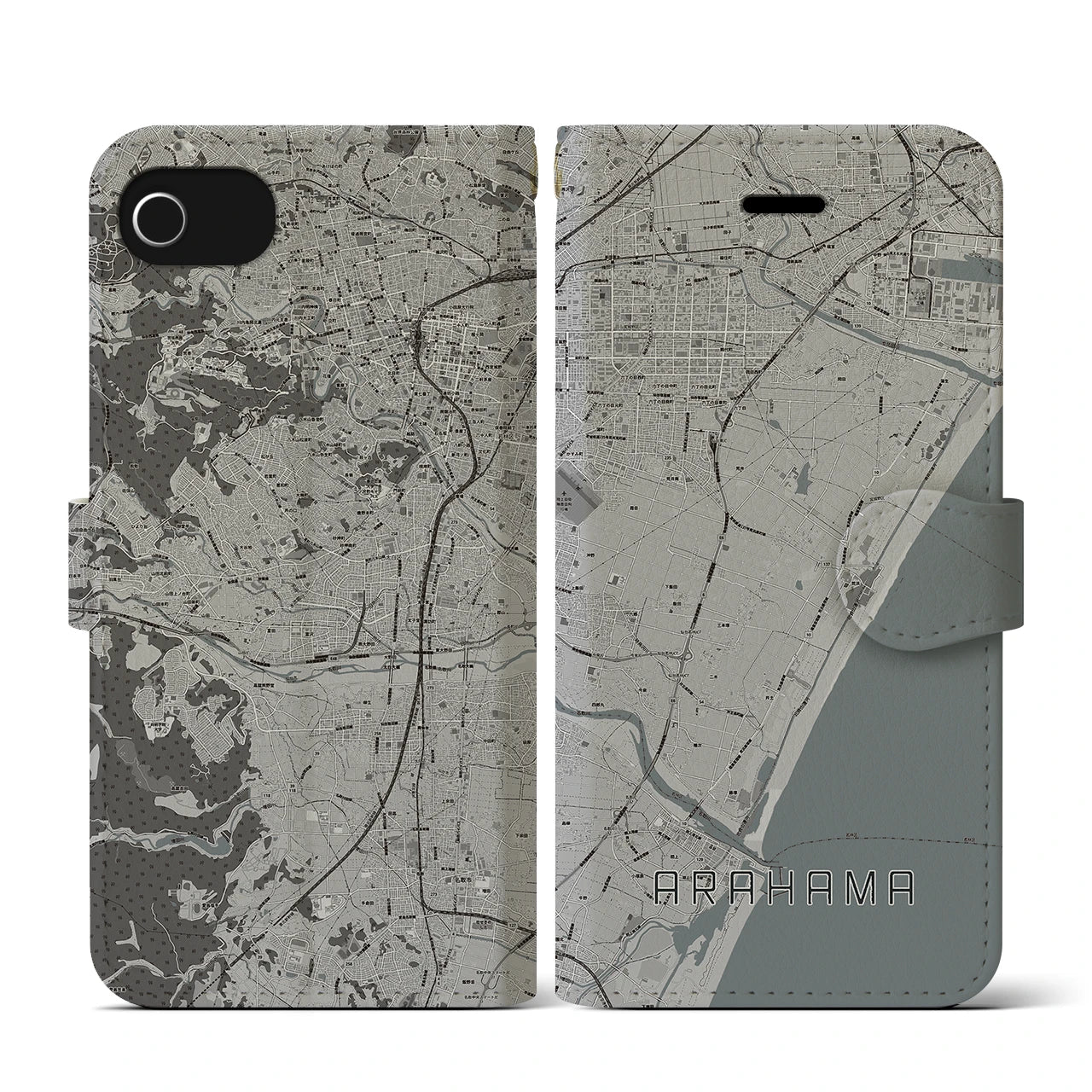 【荒浜(宮城県)】地図柄iPhoneケース(手帳タイプ)モノトーン・iPhone SE(第3 / 第2世代) / 8 / 7 / 6s / 6 用