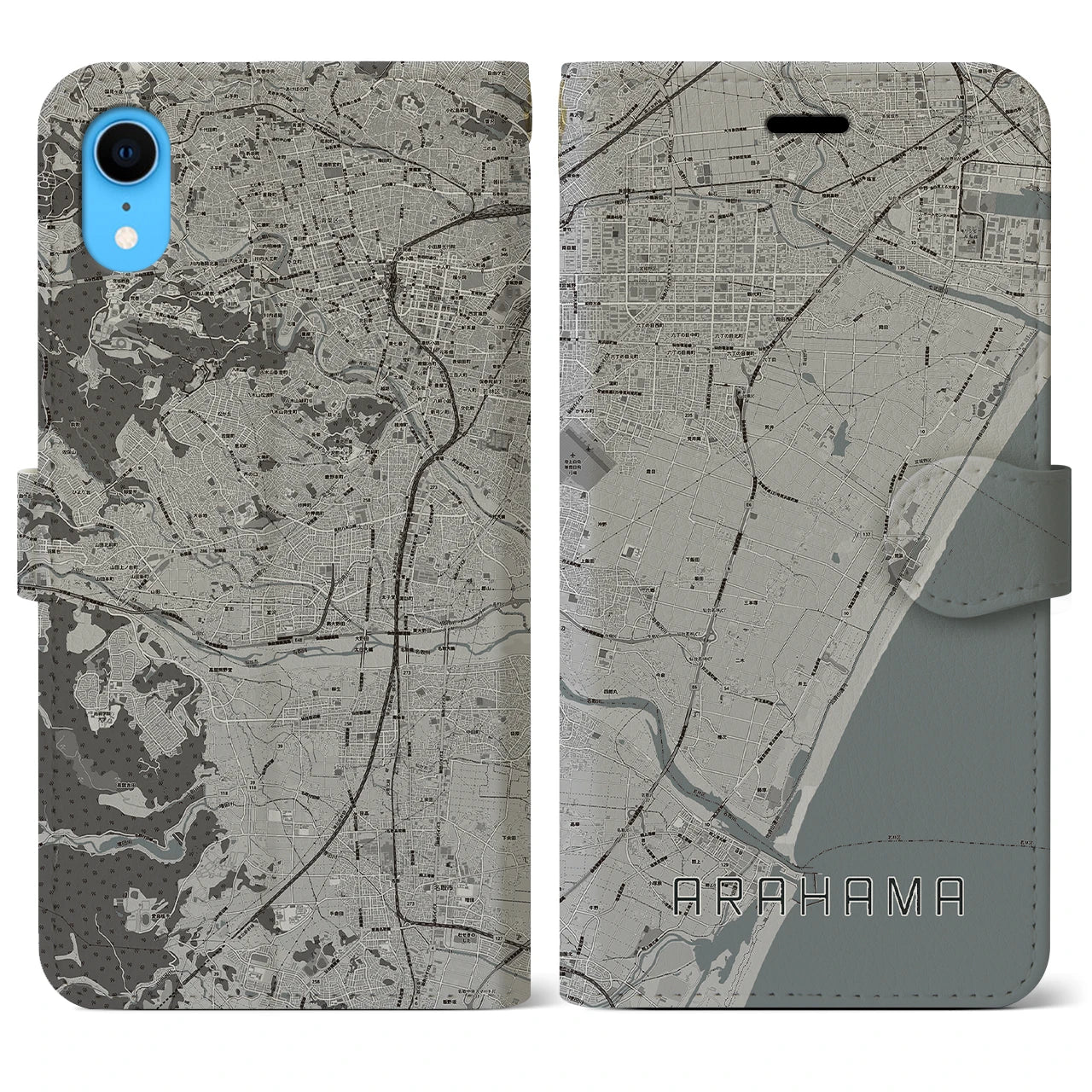 【荒浜(宮城県)】地図柄iPhoneケース(手帳タイプ)モノトーン・iPhone XR 用