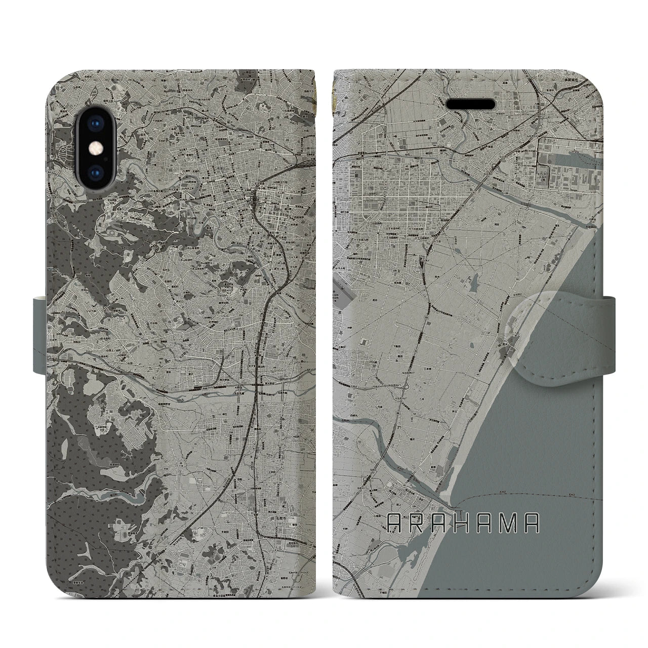 【荒浜(宮城県)】地図柄iPhoneケース(手帳タイプ)モノトーン・iPhone XS / X 用