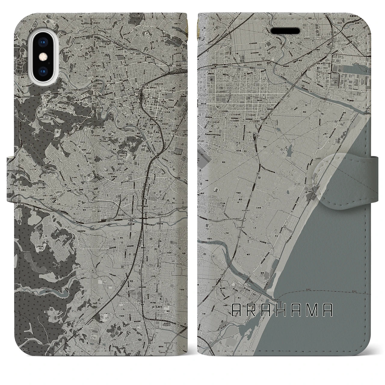 【荒浜(宮城県)】地図柄iPhoneケース(手帳タイプ)モノトーン・iPhone XS Max 用