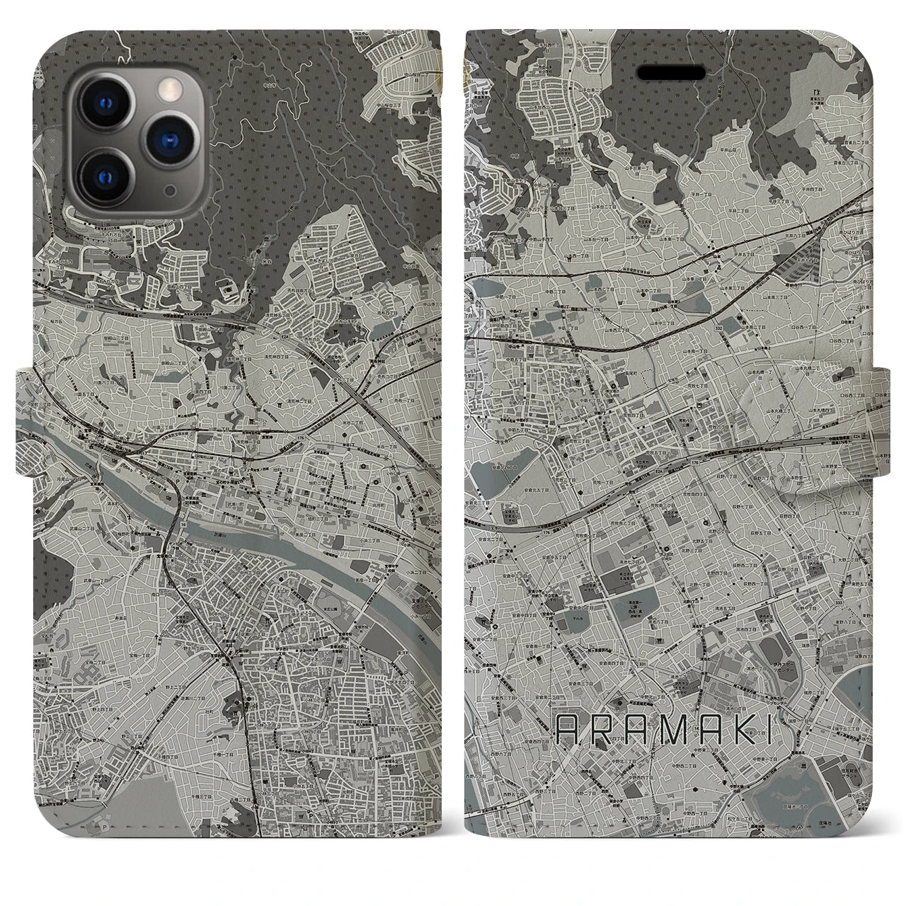 【荒牧(兵庫県)】地図柄iPhoneケース(手帳タイプ)モノトーン・iPhone 11 Pro Max 用