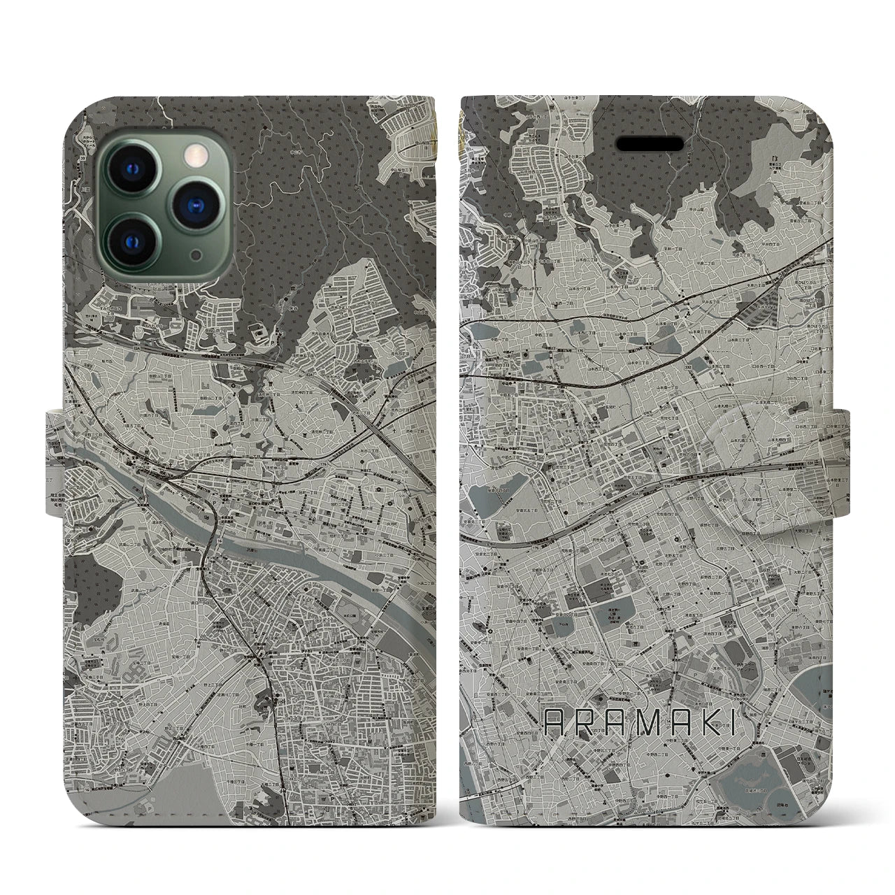 【荒牧(兵庫県)】地図柄iPhoneケース(手帳タイプ)モノトーン・iPhone 11 Pro 用