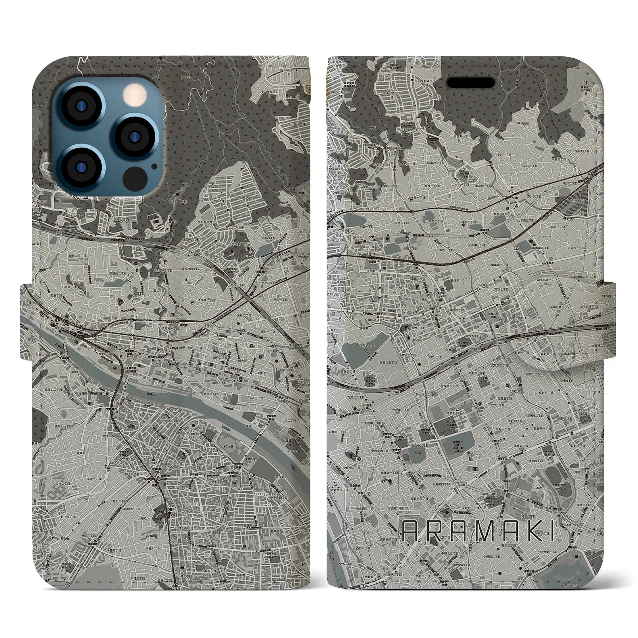 【荒牧(兵庫県)】地図柄iPhoneケース(手帳タイプ)モノトーン・iPhone 12 / 12 Pro 用