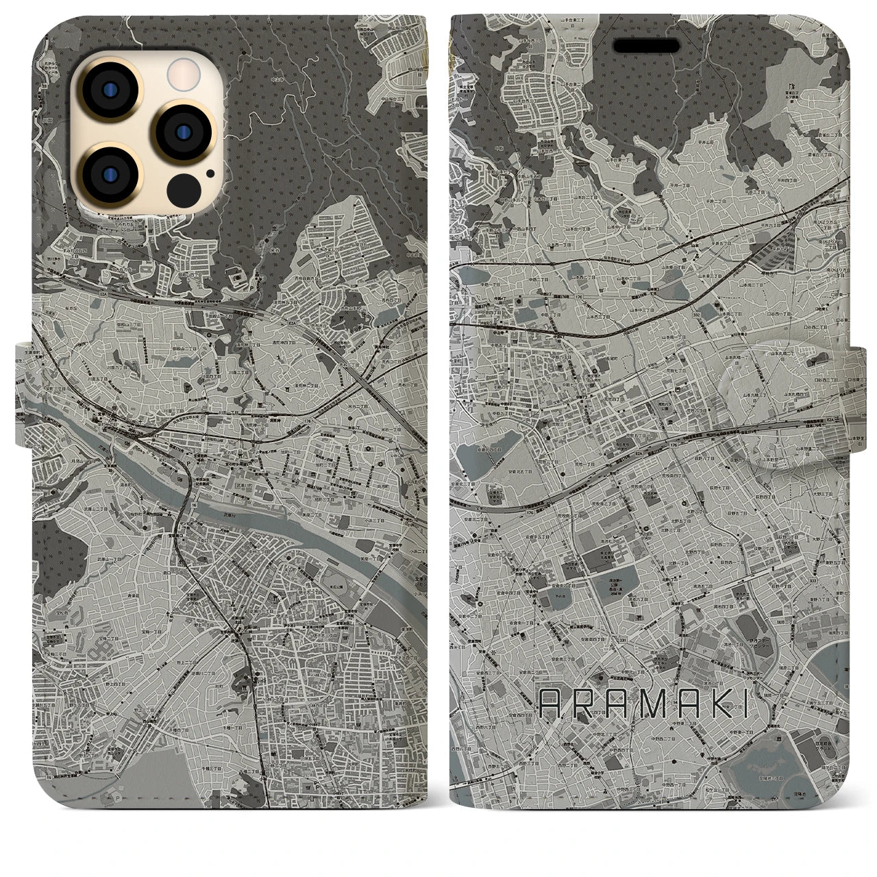 【荒牧(兵庫県)】地図柄iPhoneケース(手帳タイプ)モノトーン・iPhone 12 Pro Max 用