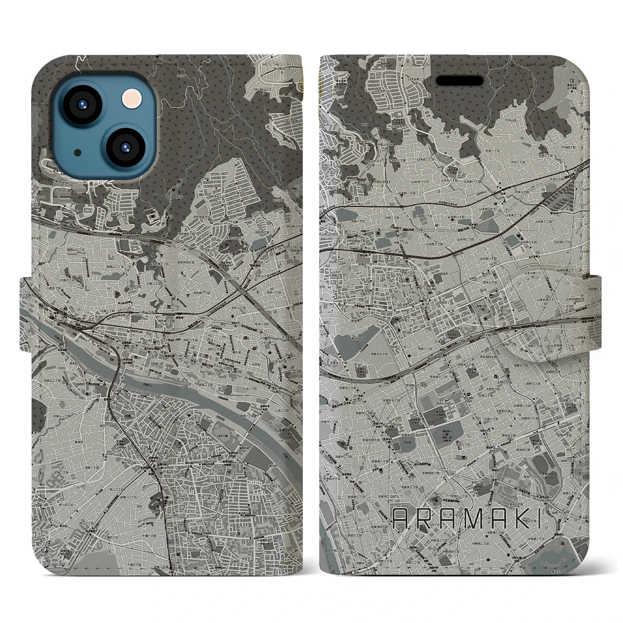 【荒牧(兵庫県)】地図柄iPhoneケース(手帳タイプ)モノトーン・iPhone 13 用