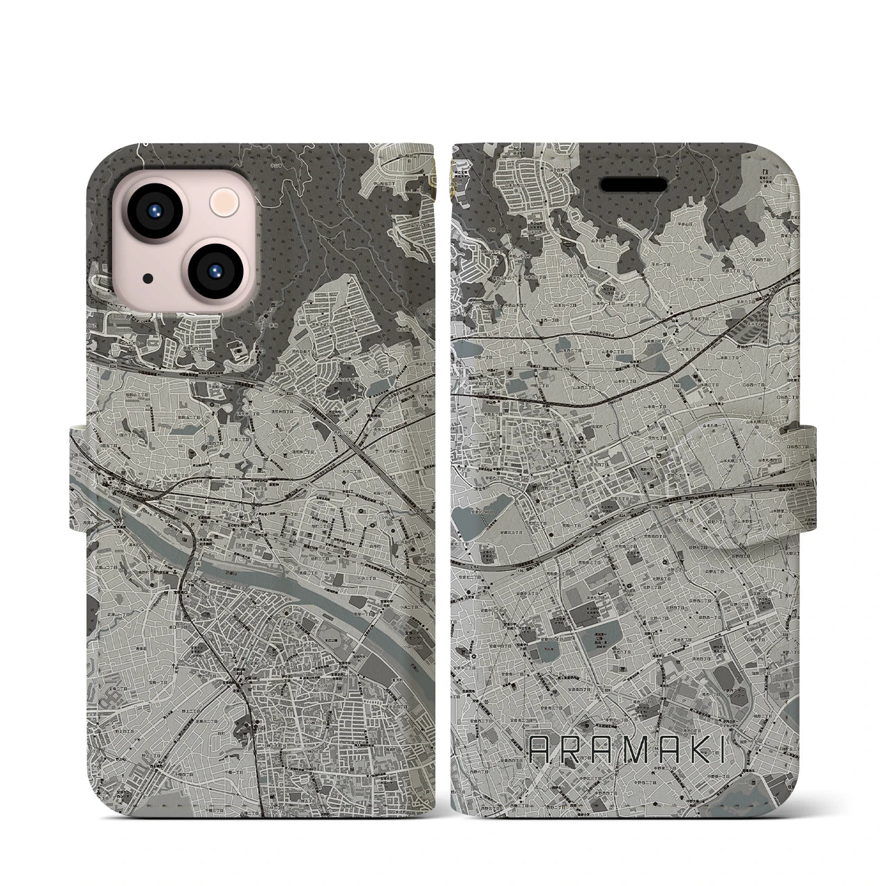 【荒牧(兵庫県)】地図柄iPhoneケース(手帳タイプ)モノトーン・iPhone 13 mini 用