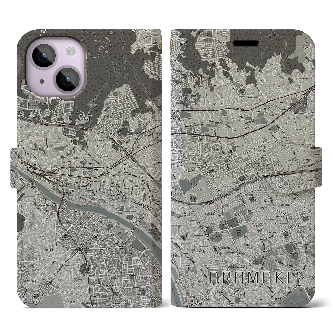 【荒牧(兵庫県)】地図柄iPhoneケース(手帳タイプ)モノトーン・iPhone 14 用