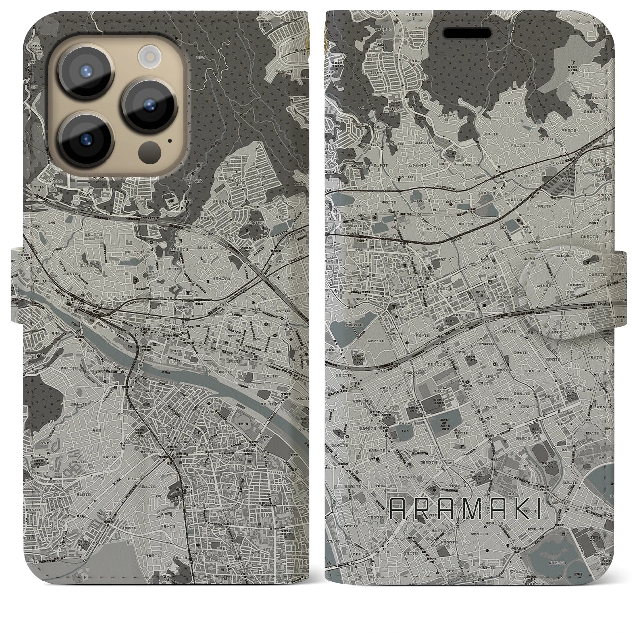 【荒牧(兵庫県)】地図柄iPhoneケース(手帳タイプ)モノトーン・iPhone 14 Pro Max 用