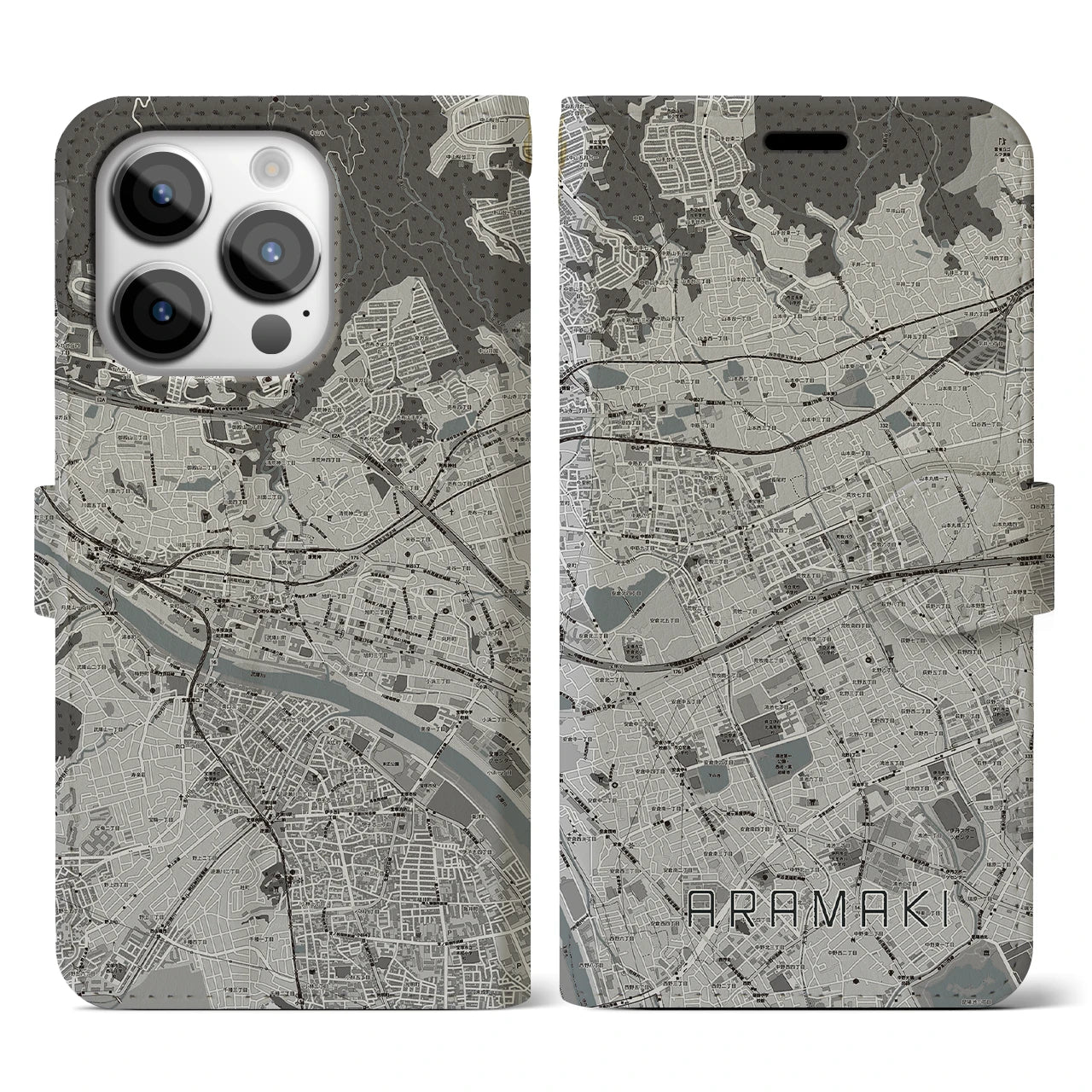 【荒牧(兵庫県)】地図柄iPhoneケース(手帳タイプ)モノトーン・iPhone 14 Pro 用