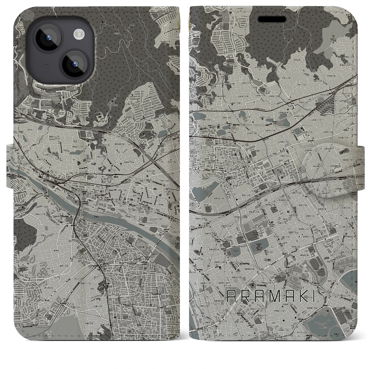 【荒牧(兵庫県)】地図柄iPhoneケース(手帳タイプ)モノトーン・iPhone 14 Plus 用