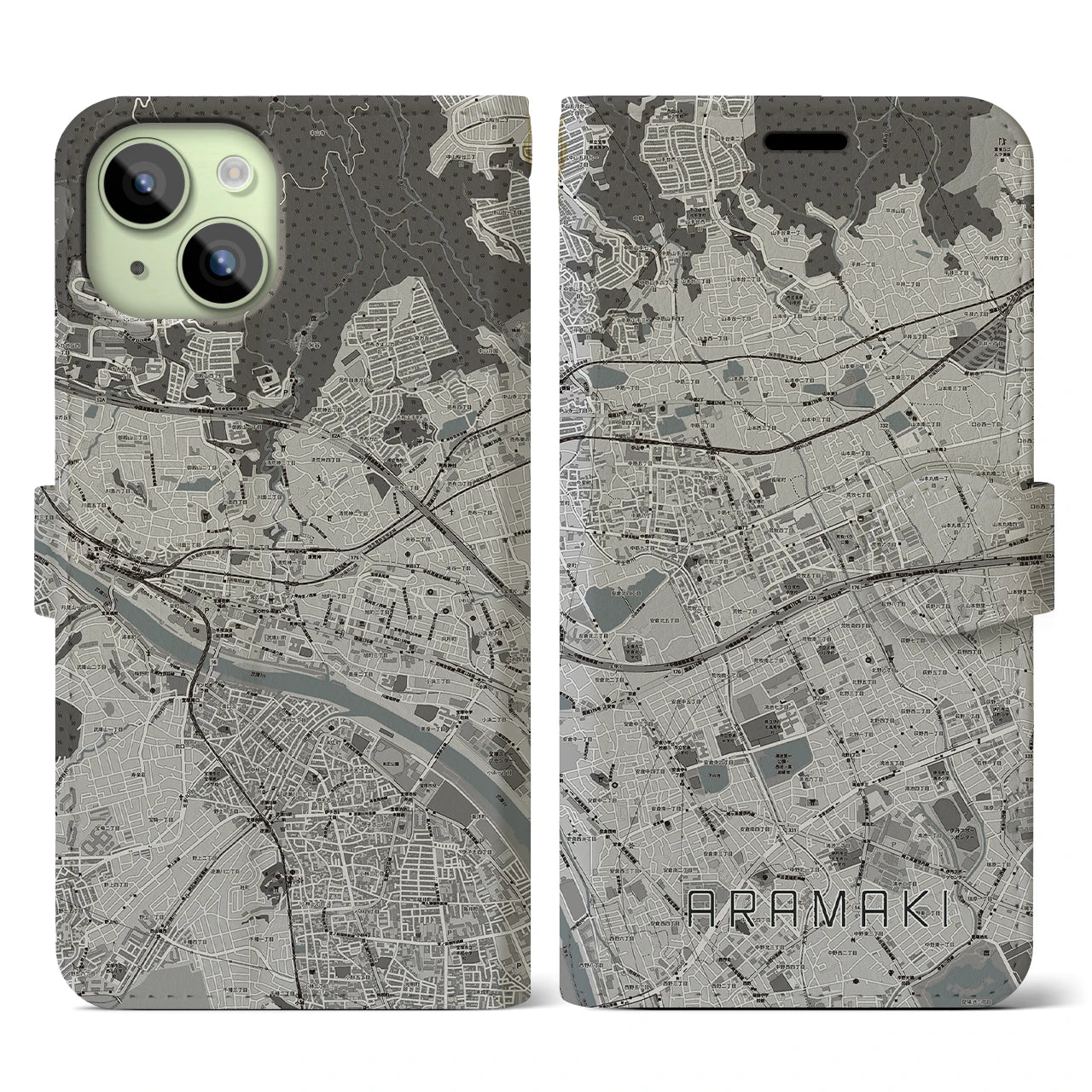 【荒牧(兵庫県)】地図柄iPhoneケース(手帳タイプ)モノトーン・iPhone 15 用