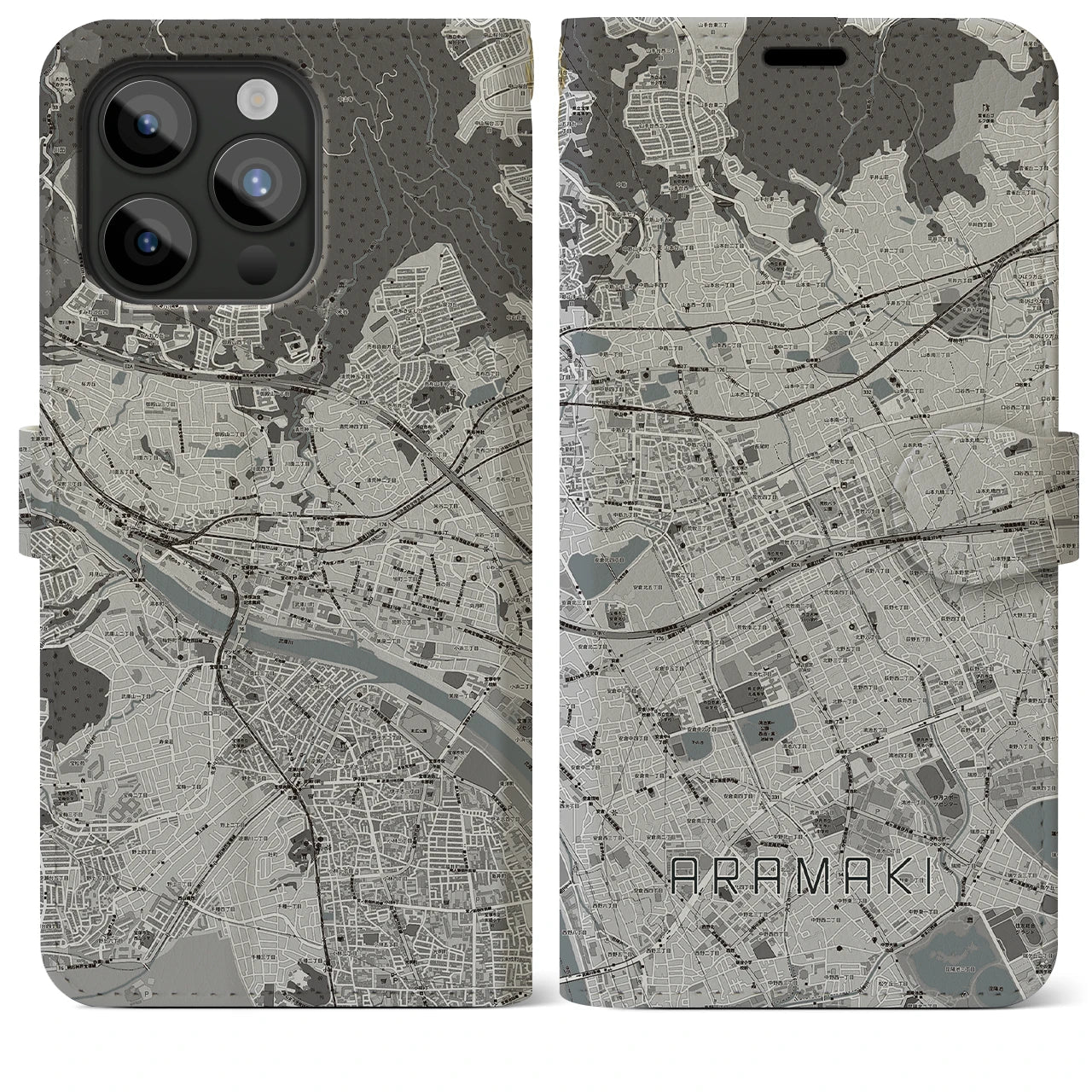 【荒牧(兵庫県)】地図柄iPhoneケース(手帳タイプ)モノトーン・iPhone 15 Pro Max 用