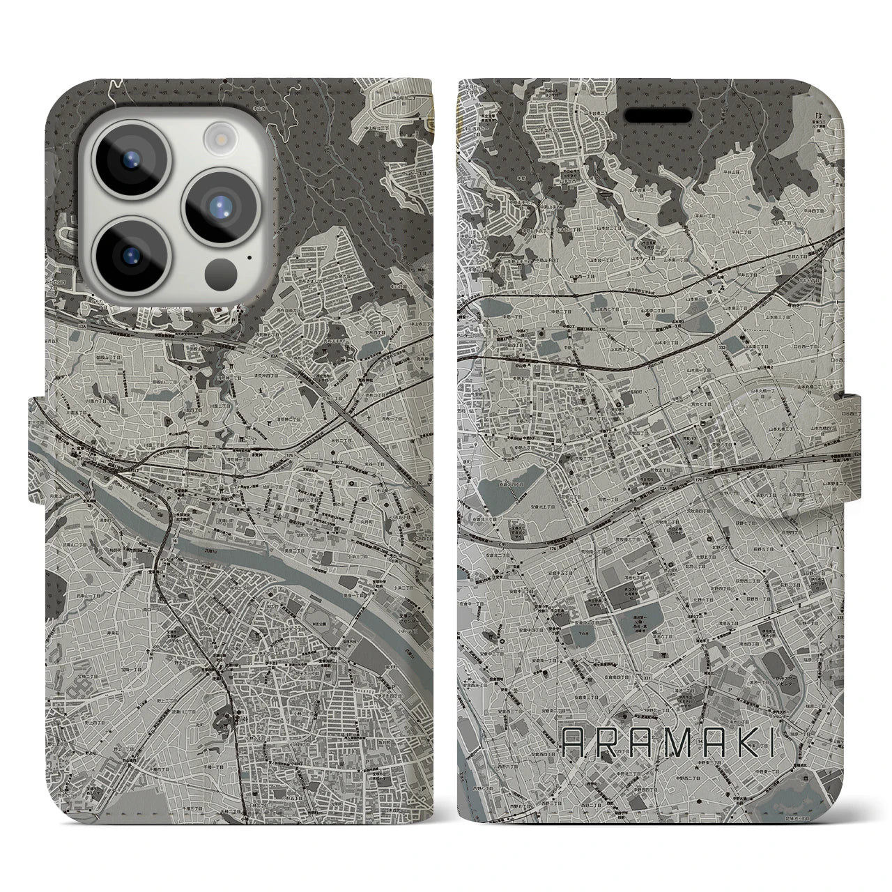 【荒牧(兵庫県)】地図柄iPhoneケース(手帳タイプ)モノトーン・iPhone 15 Pro 用