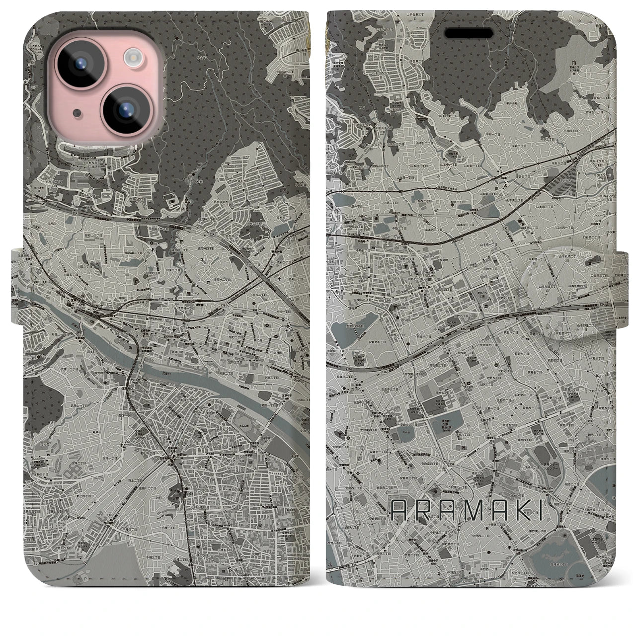 【荒牧(兵庫県)】地図柄iPhoneケース(手帳タイプ)モノトーン・iPhone 15 Plus 用
