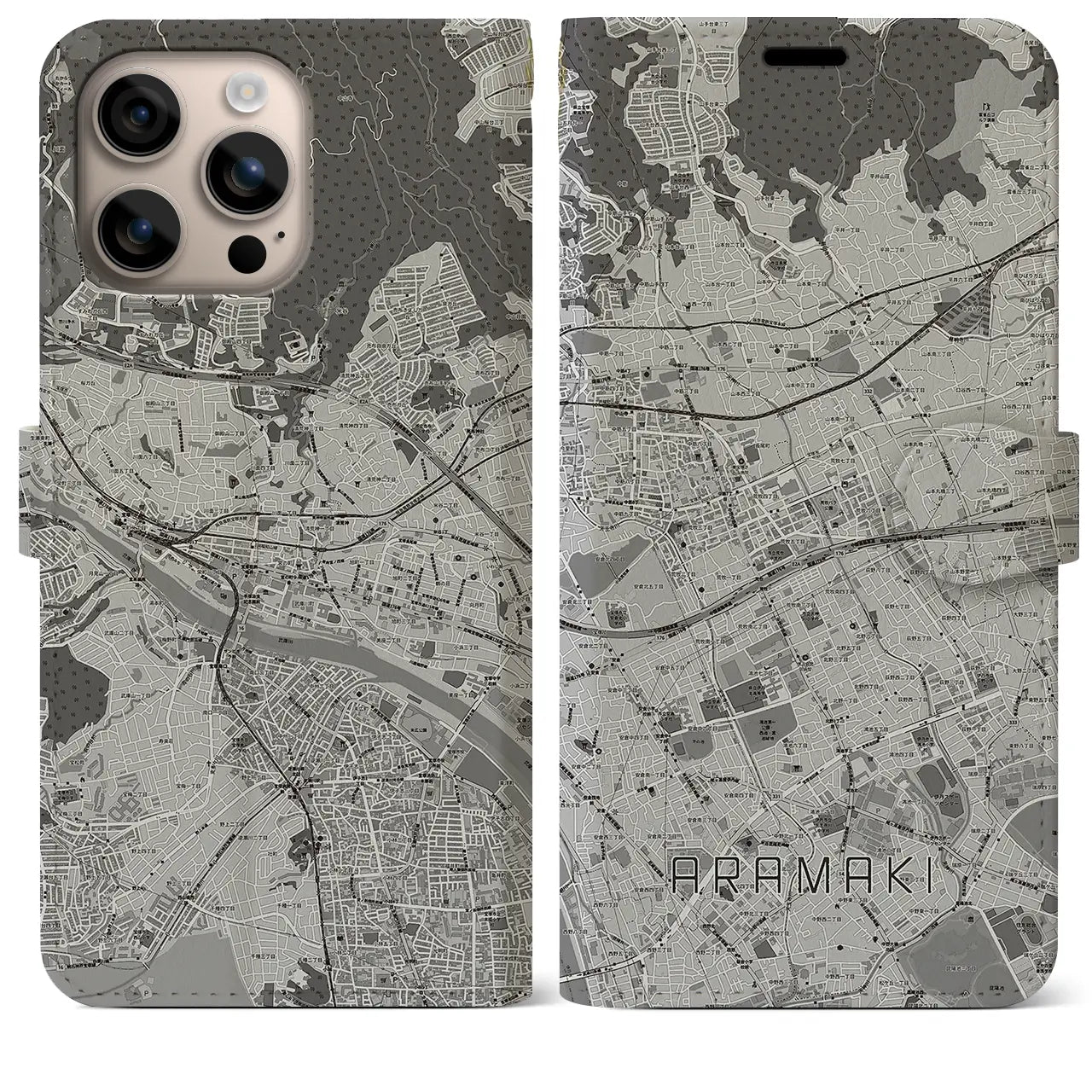 【荒牧(兵庫県)】地図柄iPhoneケース(手帳タイプ)モノトーン・iPhone 16 Plus 用