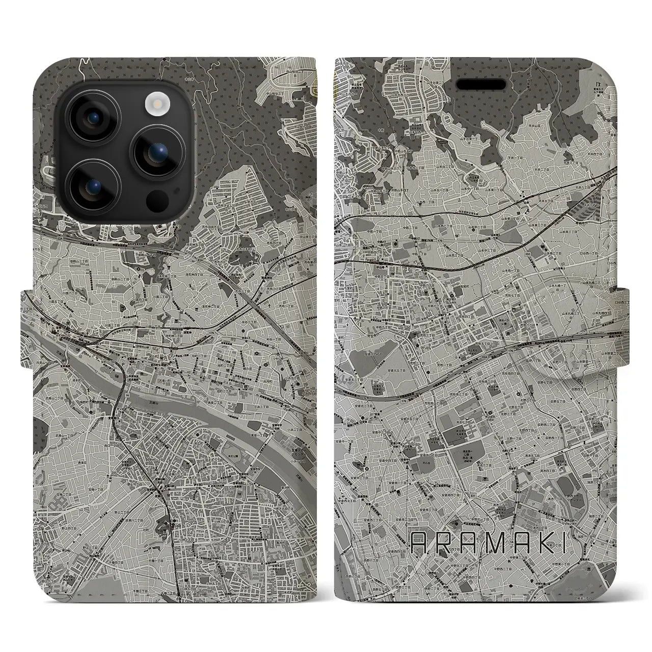 【荒牧(兵庫県)】地図柄iPhoneケース(手帳タイプ)モノトーン・iPhone 16 用