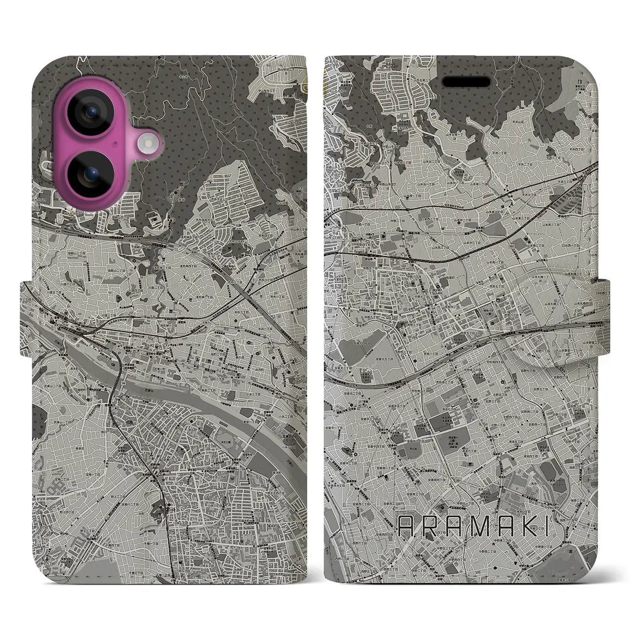 【荒牧(兵庫県)】地図柄iPhoneケース(手帳タイプ)モノトーン・iPhone 16 Pro 用