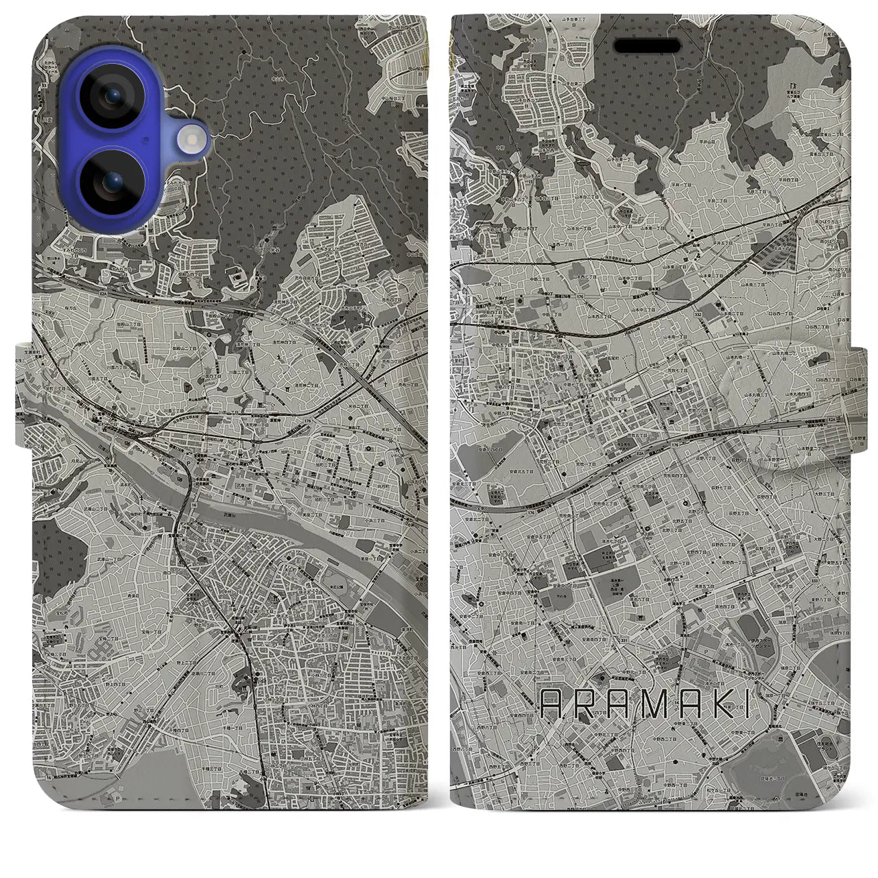 【荒牧(兵庫県)】地図柄iPhoneケース(手帳タイプ)モノトーン・iPhone 16 Pro Max 用