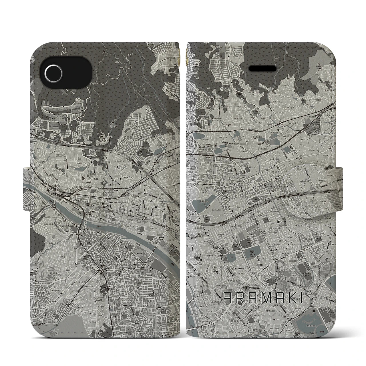 【荒牧(兵庫県)】地図柄iPhoneケース(手帳タイプ)モノトーン・iPhone SE(第3 / 第2世代) / 8 / 7 / 6s / 6 用