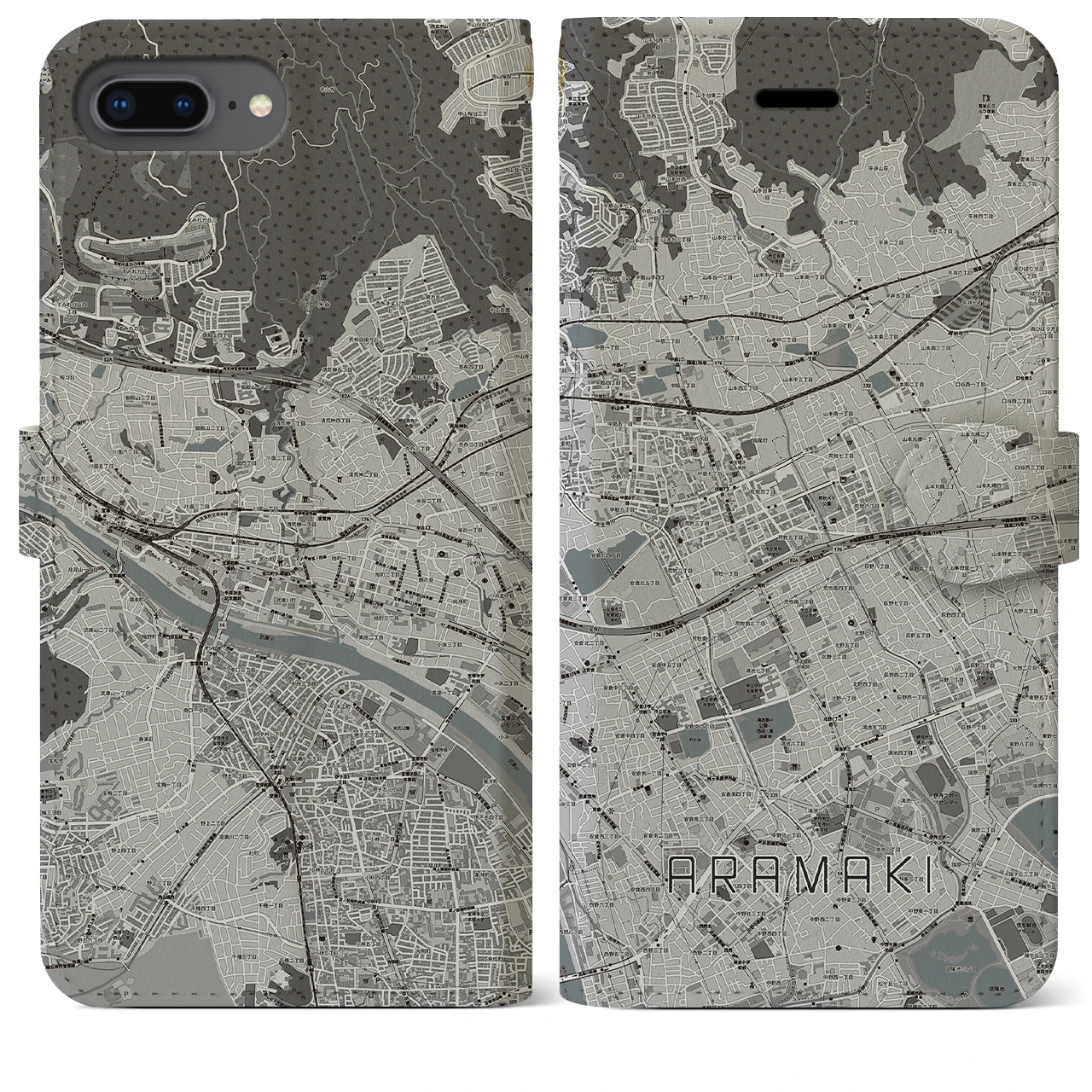 【荒牧(兵庫県)】地図柄iPhoneケース(手帳タイプ)モノトーン・iPhone 8Plus /7Plus / 6sPlus / 6Plus 用
