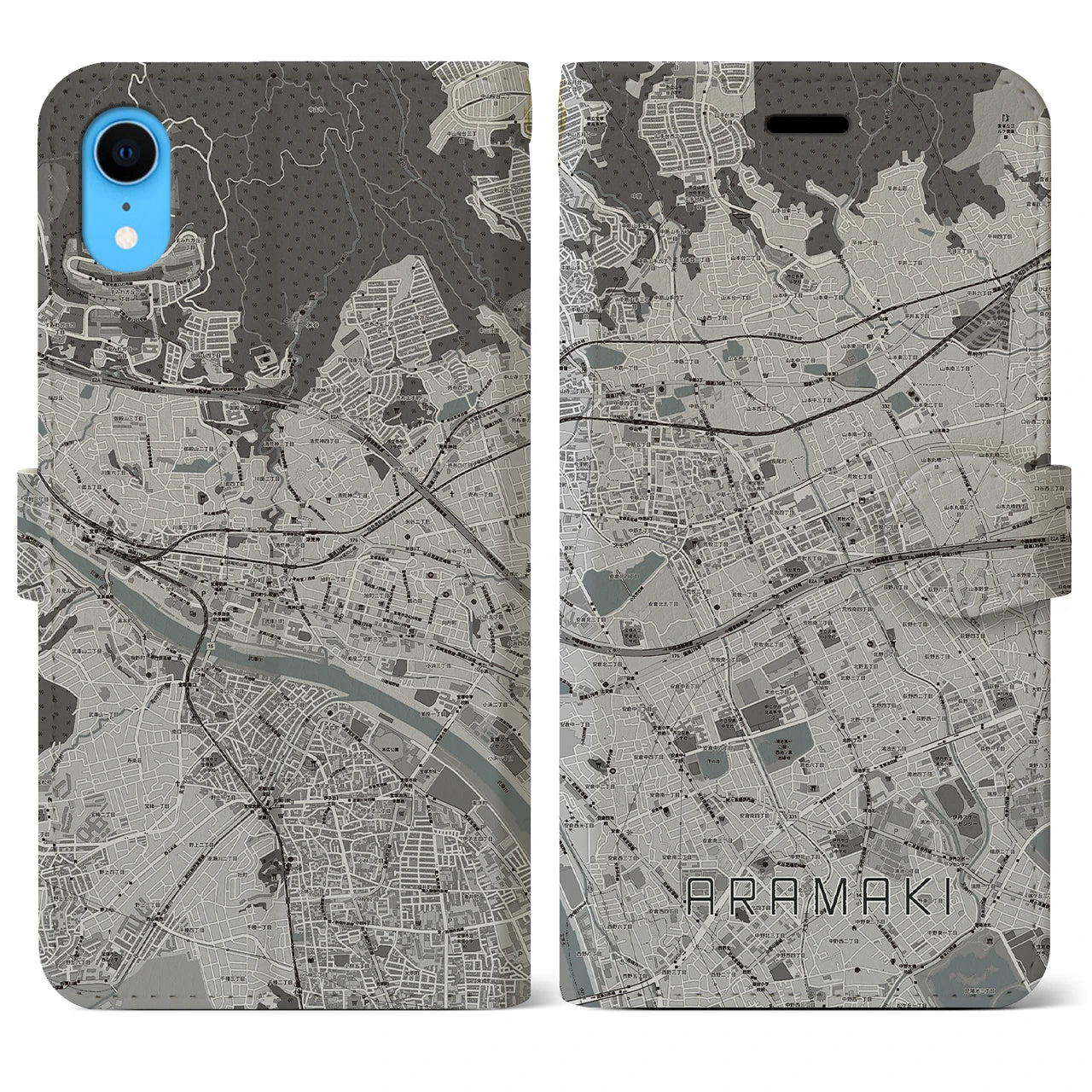 【荒牧(兵庫県)】地図柄iPhoneケース(手帳タイプ)モノトーン・iPhone XR 用