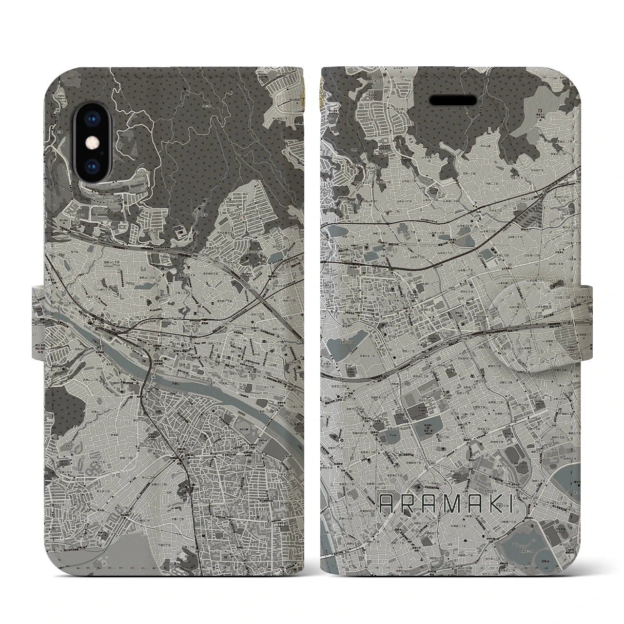 【荒牧(兵庫県)】地図柄iPhoneケース(手帳タイプ)モノトーン・iPhone XS / X 用