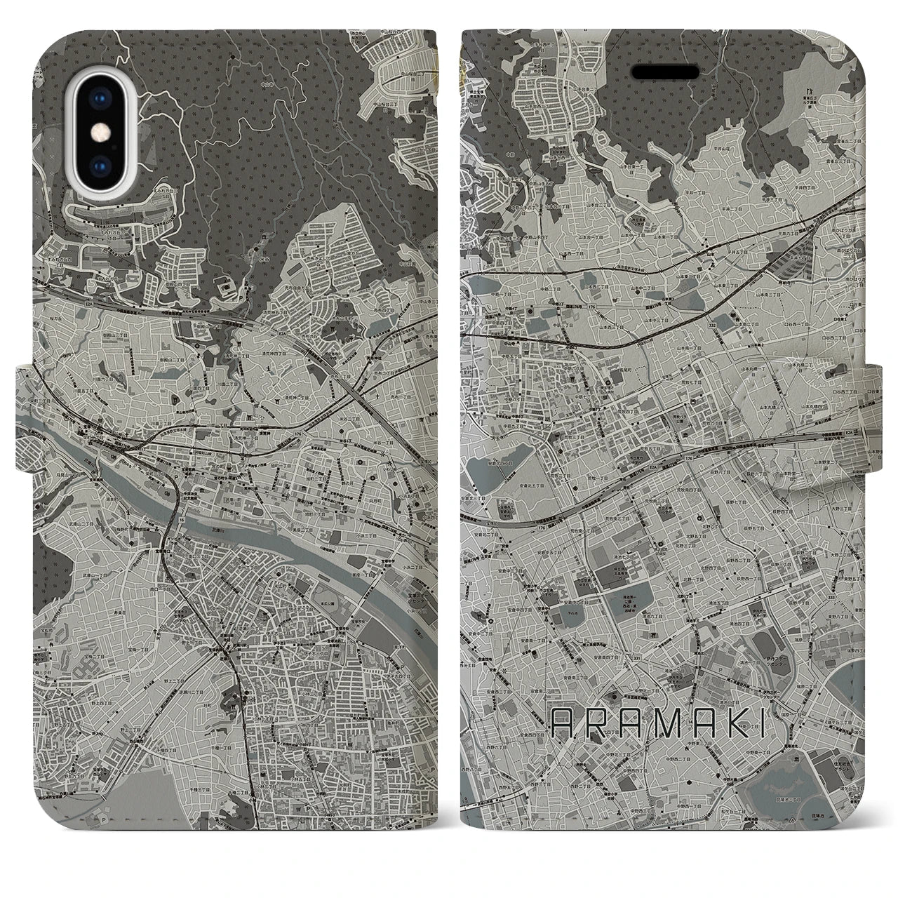 【荒牧(兵庫県)】地図柄iPhoneケース(手帳タイプ)モノトーン・iPhone XS Max 用