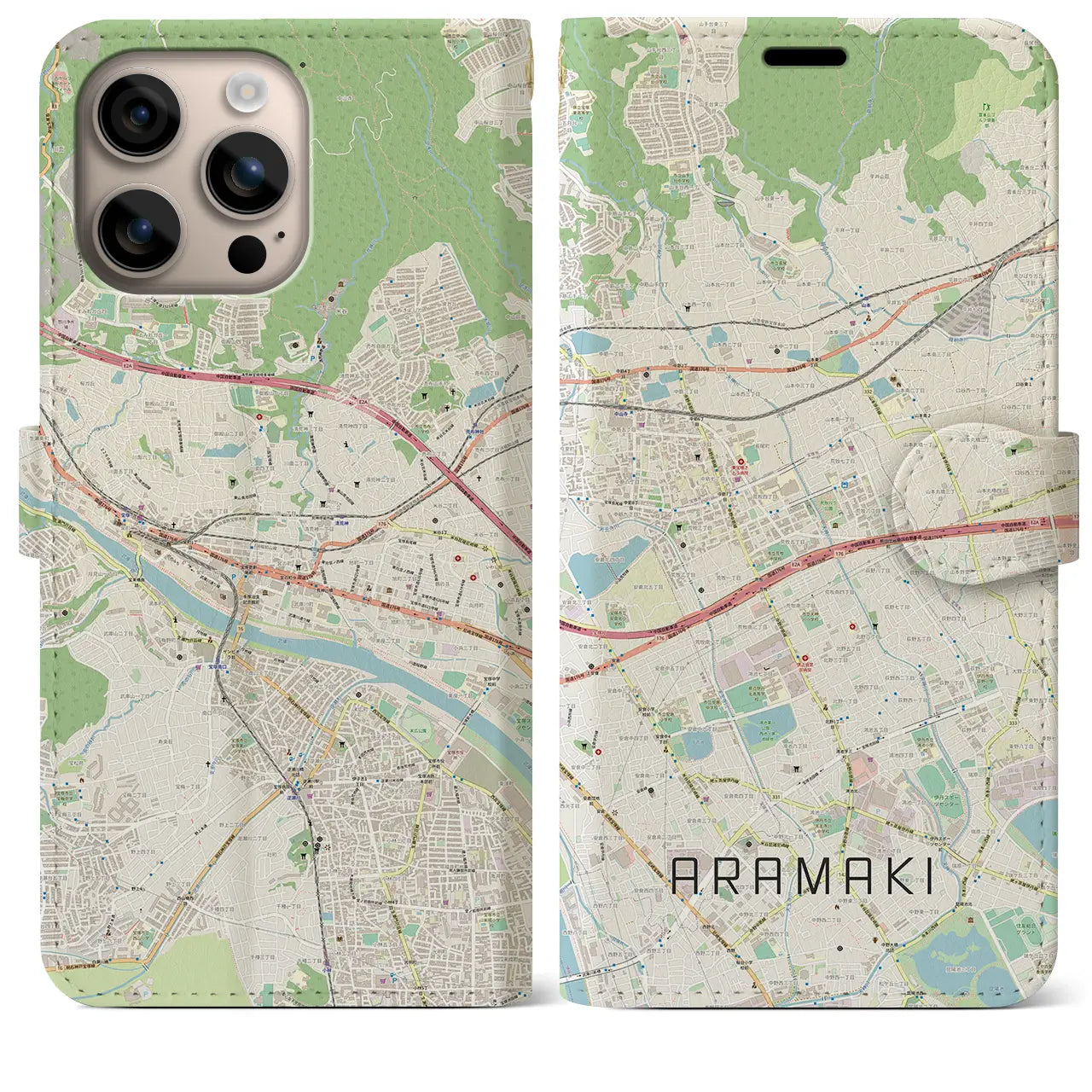 【荒牧(兵庫県)】地図柄iPhoneケース(手帳タイプ)ナチュラル・iPhone 16 Plus 用