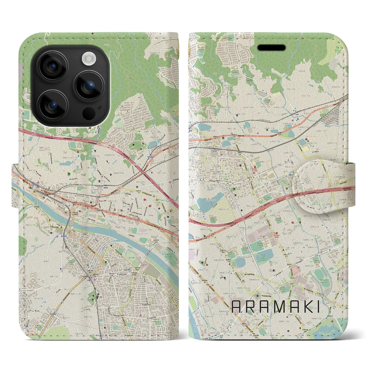 【荒牧(兵庫県)】地図柄iPhoneケース(手帳タイプ)ナチュラル・iPhone 16 用