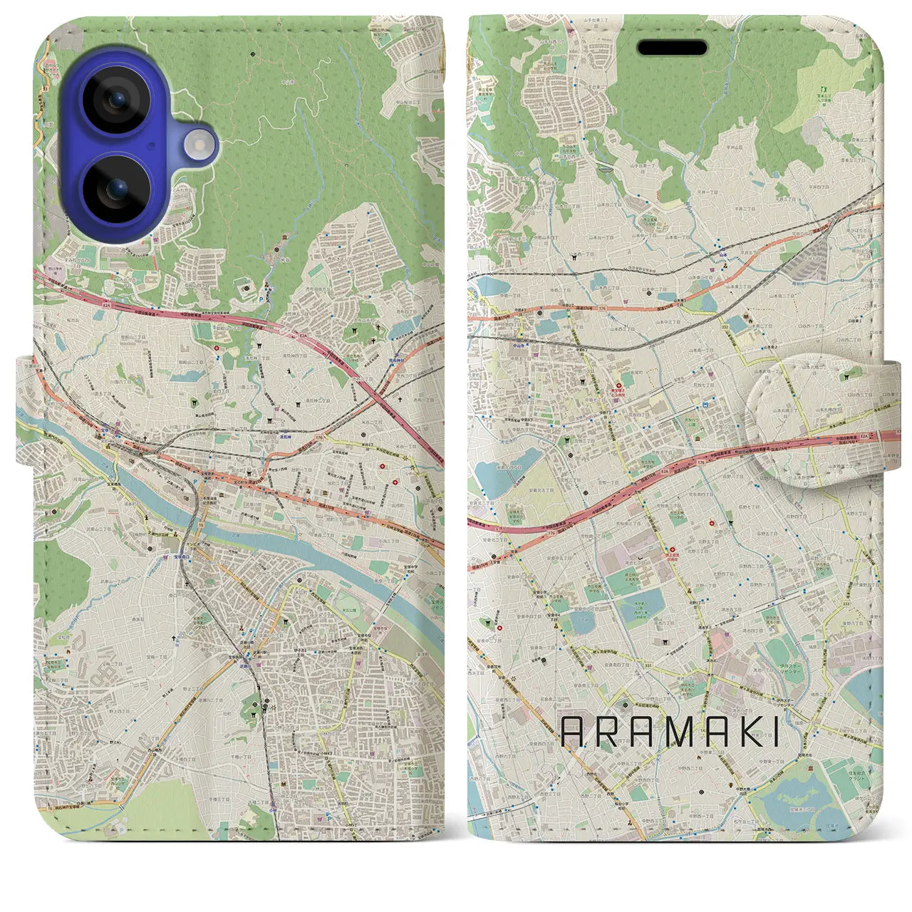 【荒牧(兵庫県)】地図柄iPhoneケース(手帳タイプ)ナチュラル・iPhone 16 Pro Max 用