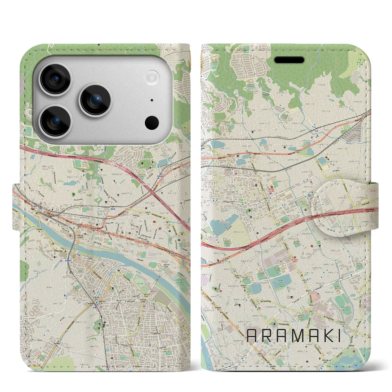 【荒牧(兵庫県)】地図柄iPhoneケース(手帳タイプ)ナチュラル・iPhone 17 Pro Max 用