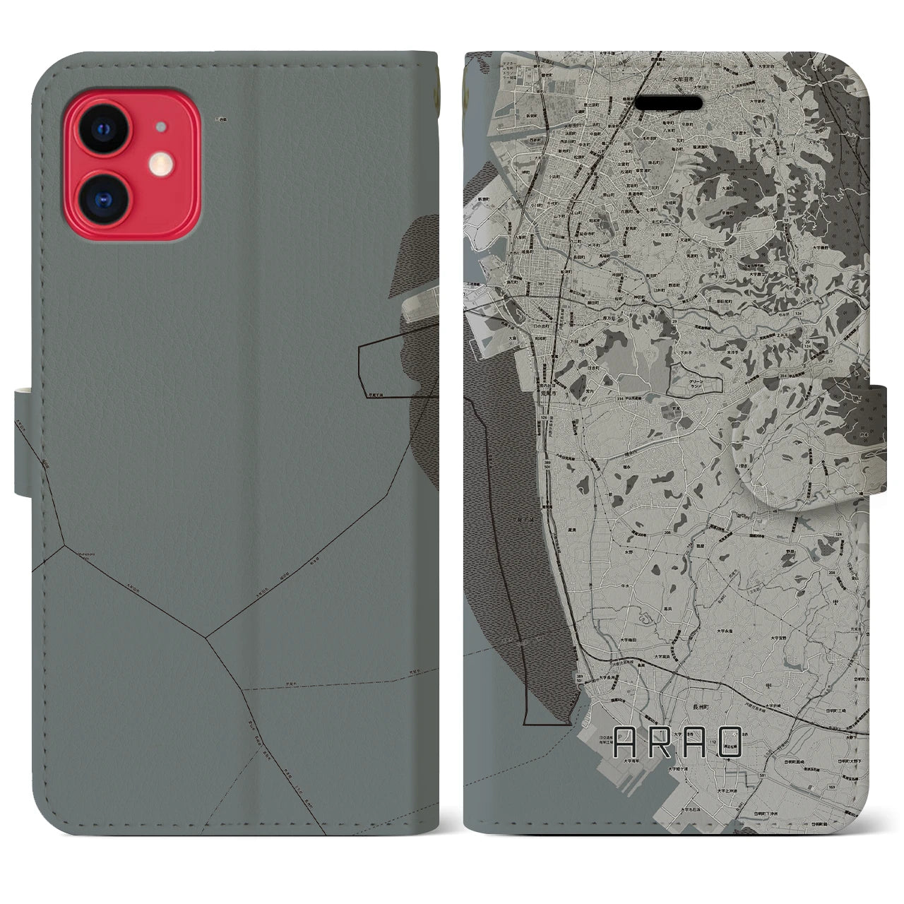 【荒尾(熊本県)】地図柄iPhoneケース(手帳タイプ)モノトーン・iPhone 11 用