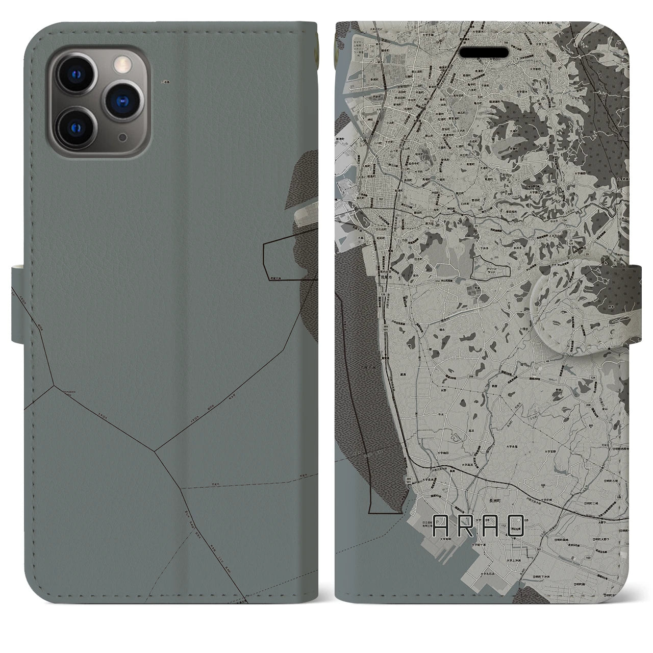 【荒尾(熊本県)】地図柄iPhoneケース(手帳タイプ)モノトーン・iPhone 11 Pro Max 用