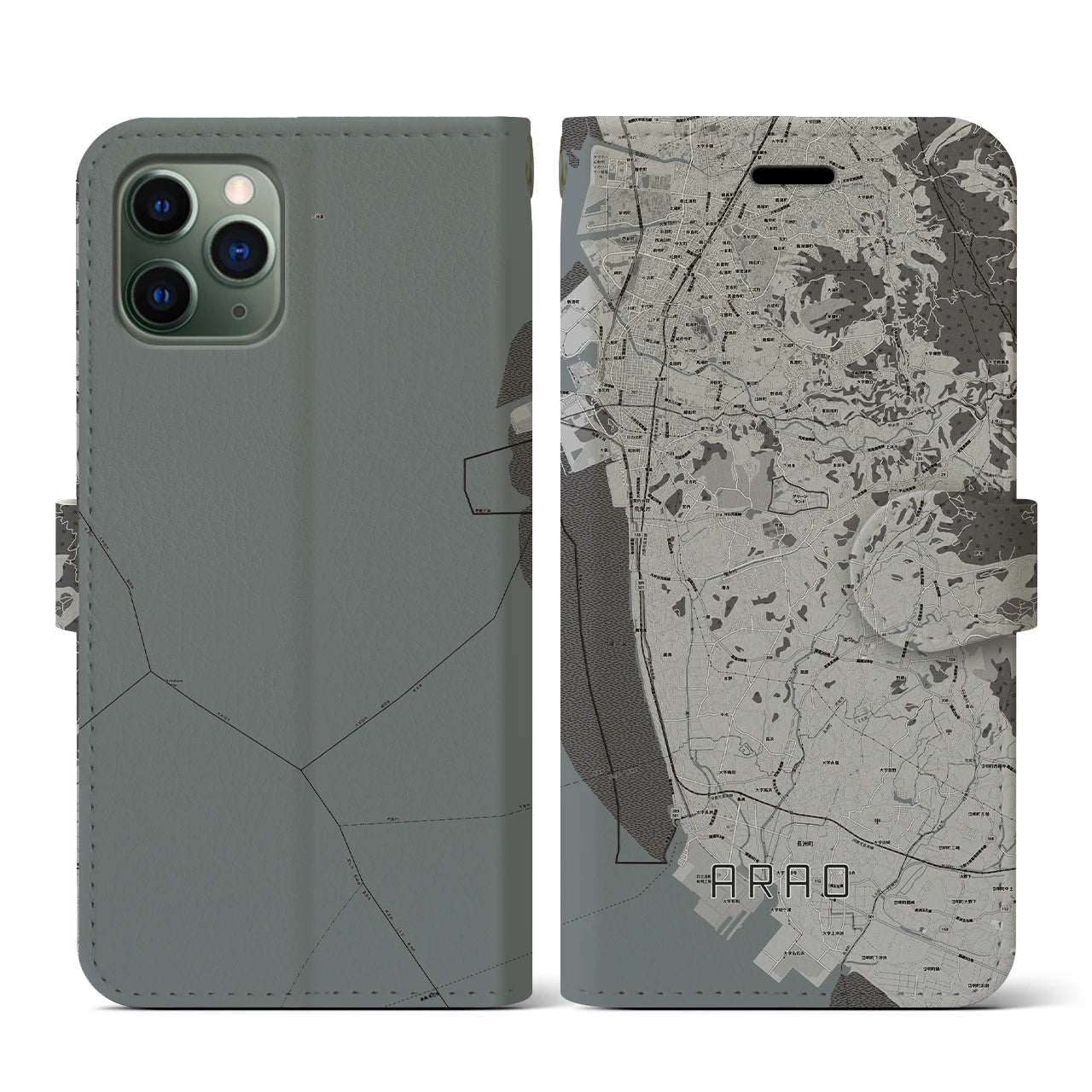 【荒尾(熊本県)】地図柄iPhoneケース(手帳タイプ)モノトーン・iPhone 11 Pro 用