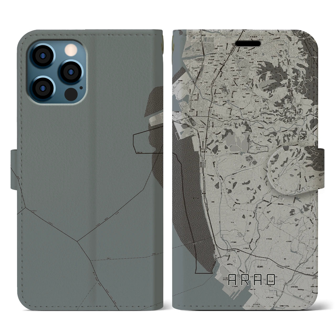 【荒尾(熊本県)】地図柄iPhoneケース(手帳タイプ)モノトーン・iPhone 12 / 12 Pro 用
